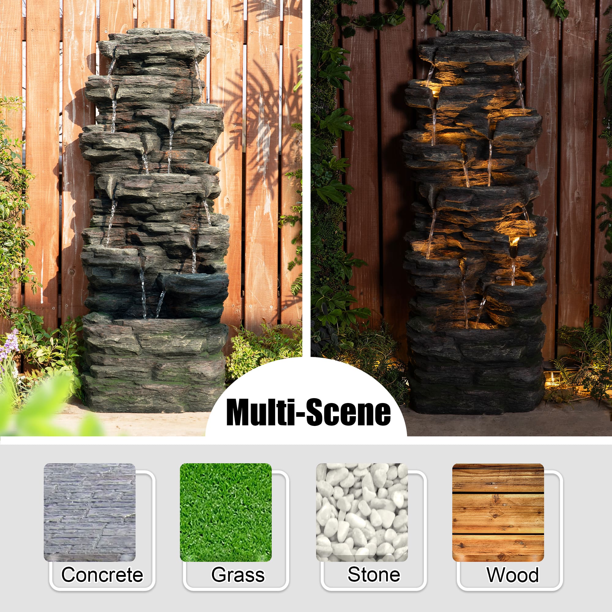 Glitzhome® 39.25" LED 9-Tier Cascading Rock Polyresin Outdoor Fountain
